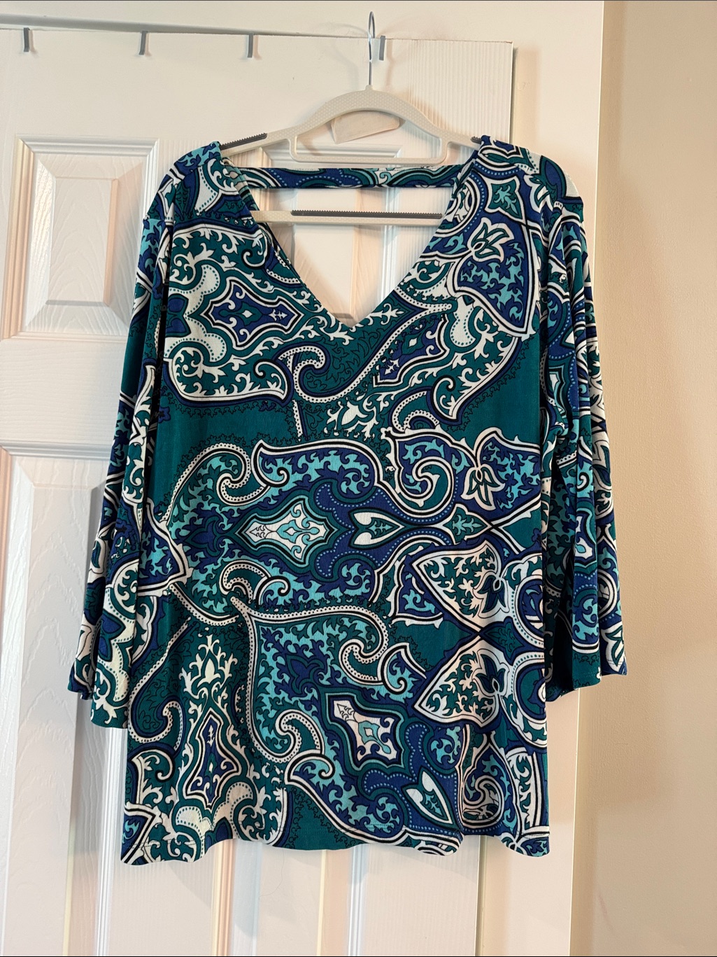 Chico's Teal, Navy & White Paisley Print Top